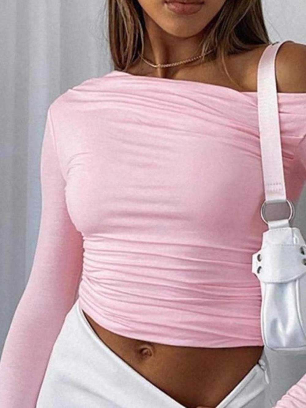White Fox Off-Shoulder Long Sleeve Crop Top in Light Pink